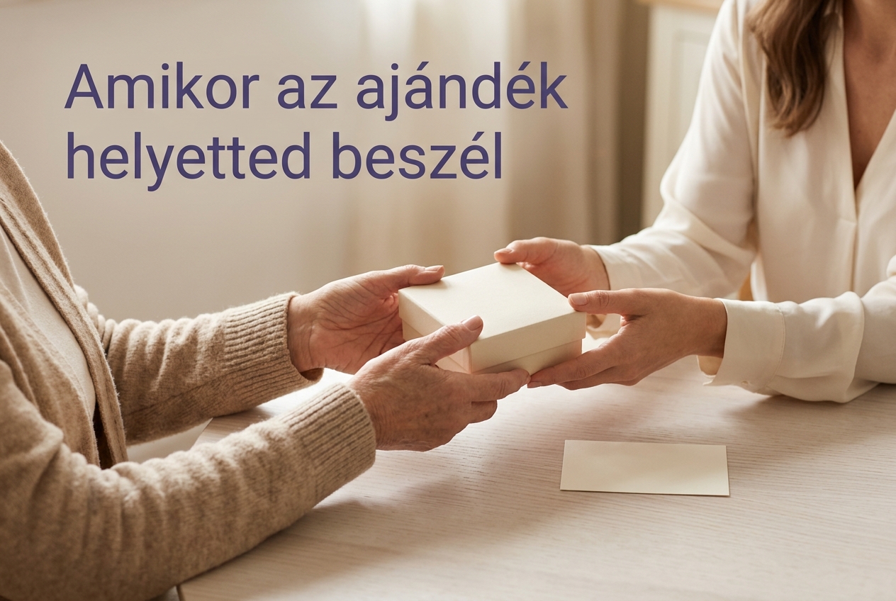 Idősebb nő kis ékszeres díszdobozt ad át egy fiatalabb nőnek, mellettük üzenetkártya az asztalon