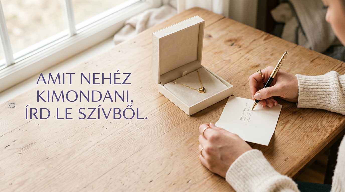 Személyes üzenet írása ajándékkártyára egy szív alakú medál mellett