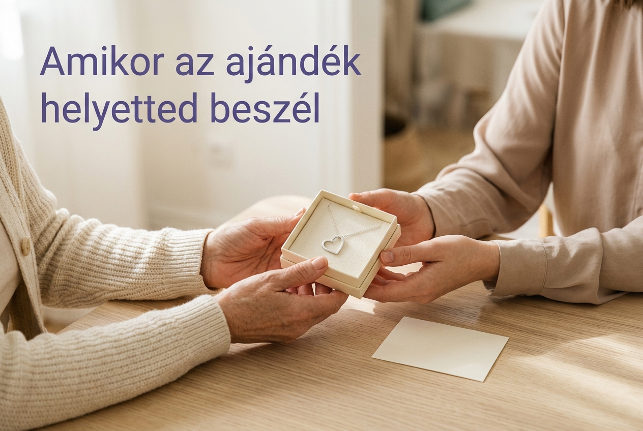 Anya ékszerdobozt ad felnőtt lányának, benne szívmedálos nyaklánccal, mellette üzenetkártyával