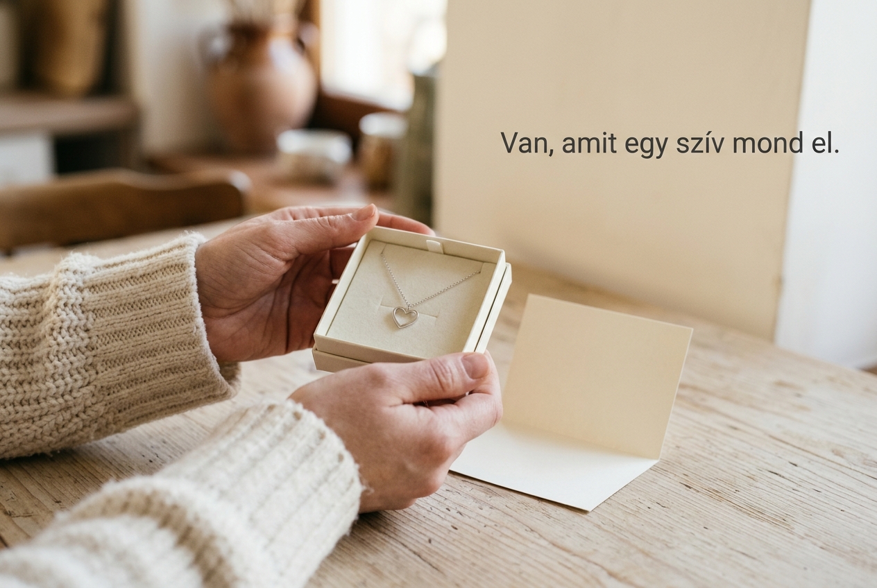 Kézben átadott ékszerdoboz szívmedálos nyaklánccal és mellette egy összehajtott üzenetkártya