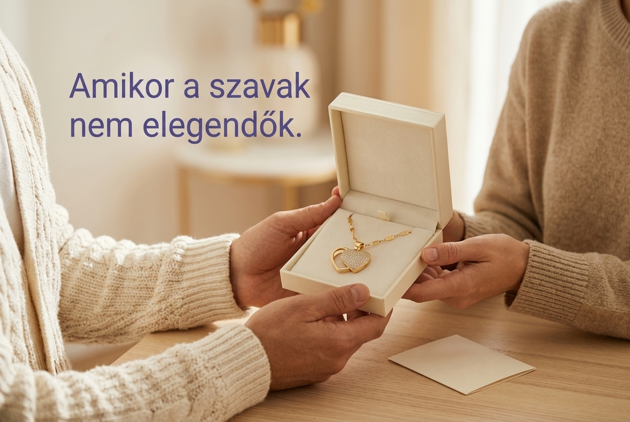 Szívmedálos nyaklánc átadása nyitott ajándékdobozban, üzenetkártyával