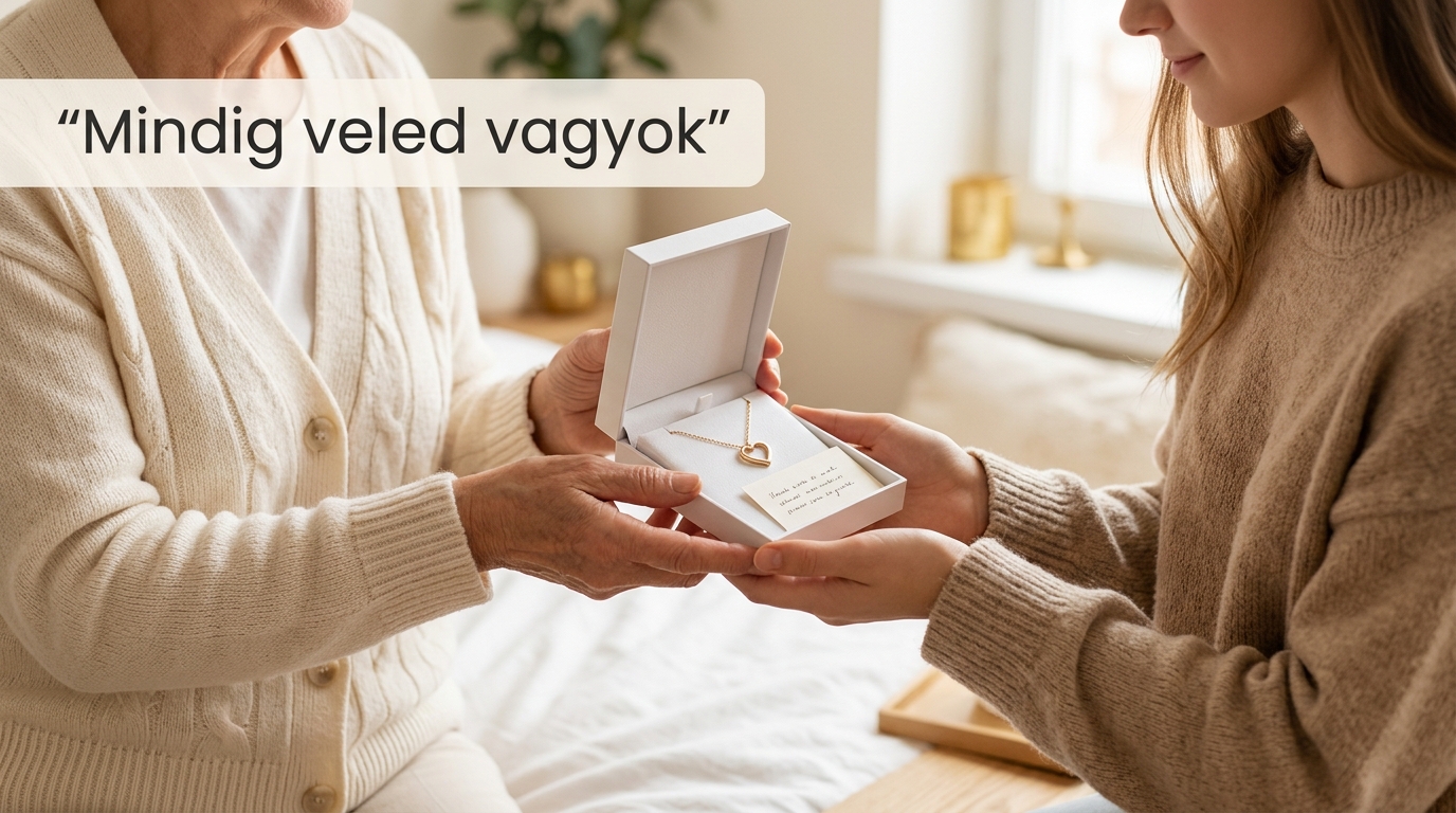 Nagymama díszdobozos ékszert és személyes üzenetkártyát ad át unokájának