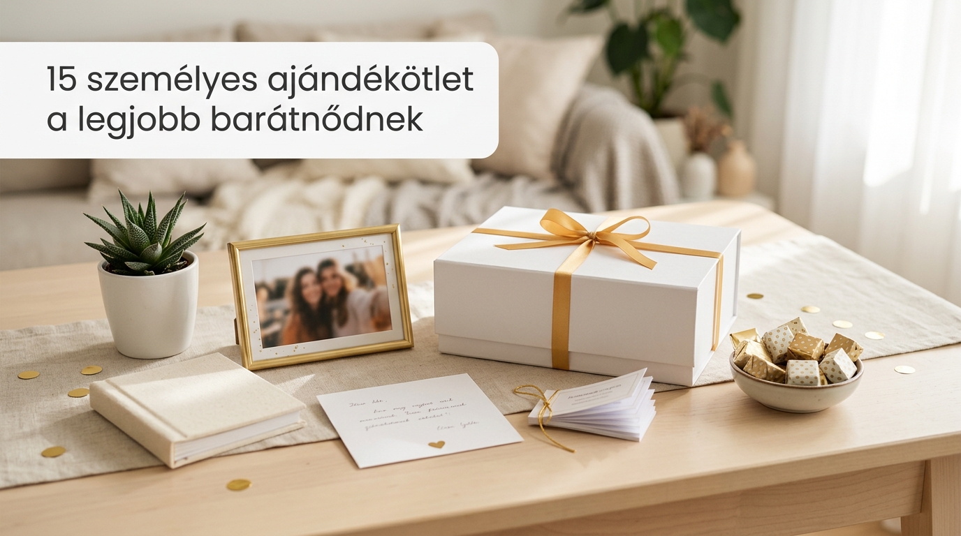 Személyes ajándékötletek legjobb barátnőnek egy asztalon elrendezve